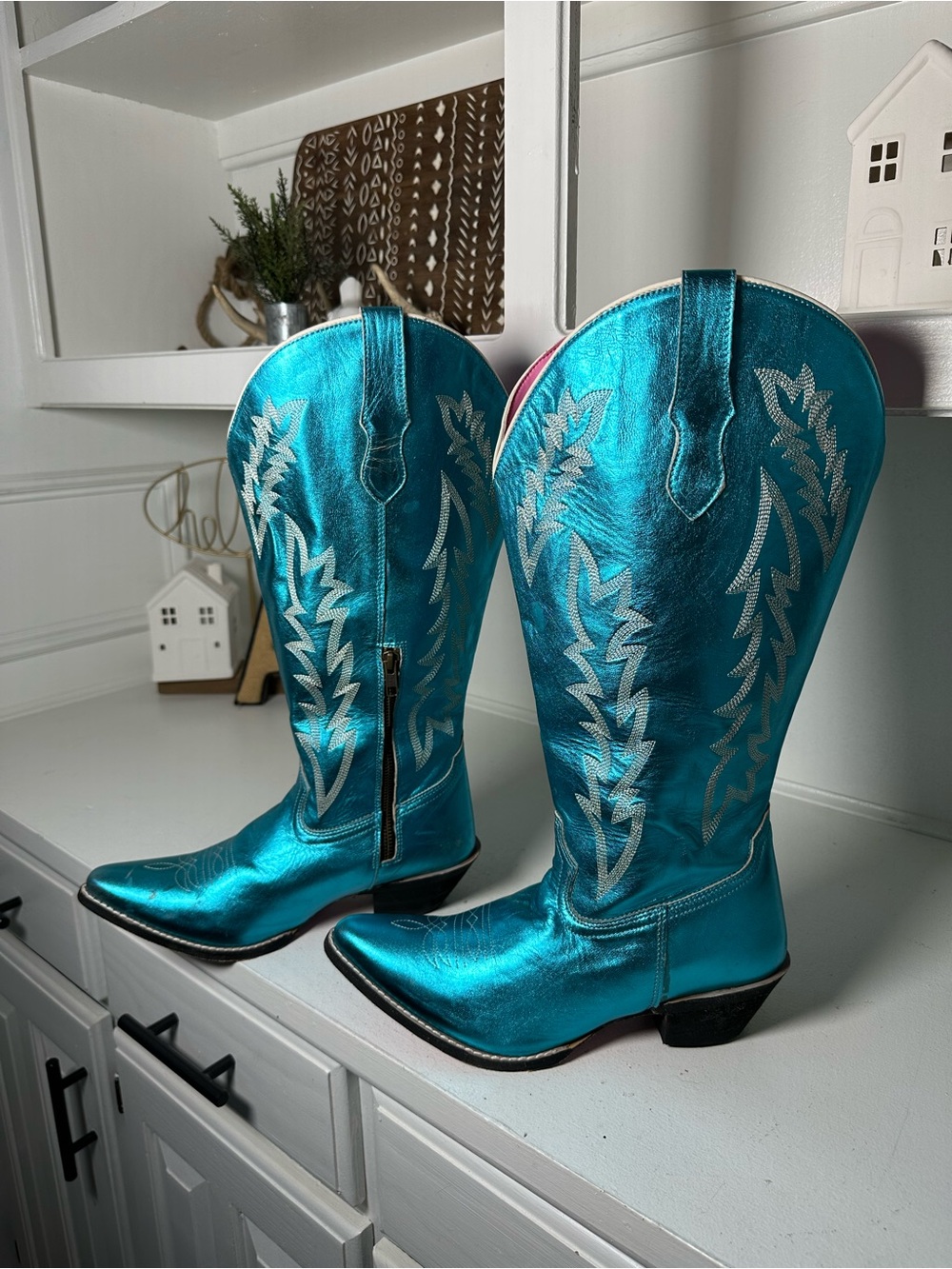 Metallic Turquoise Western Heeled Boots - Women's Fashion Boots